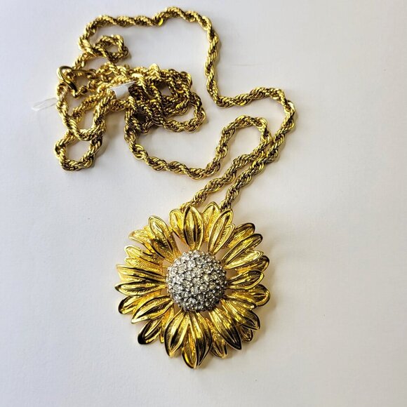 Vintage Gold Plated Sunflower Pendant Necklace & Brooch - Picture 1 of 10